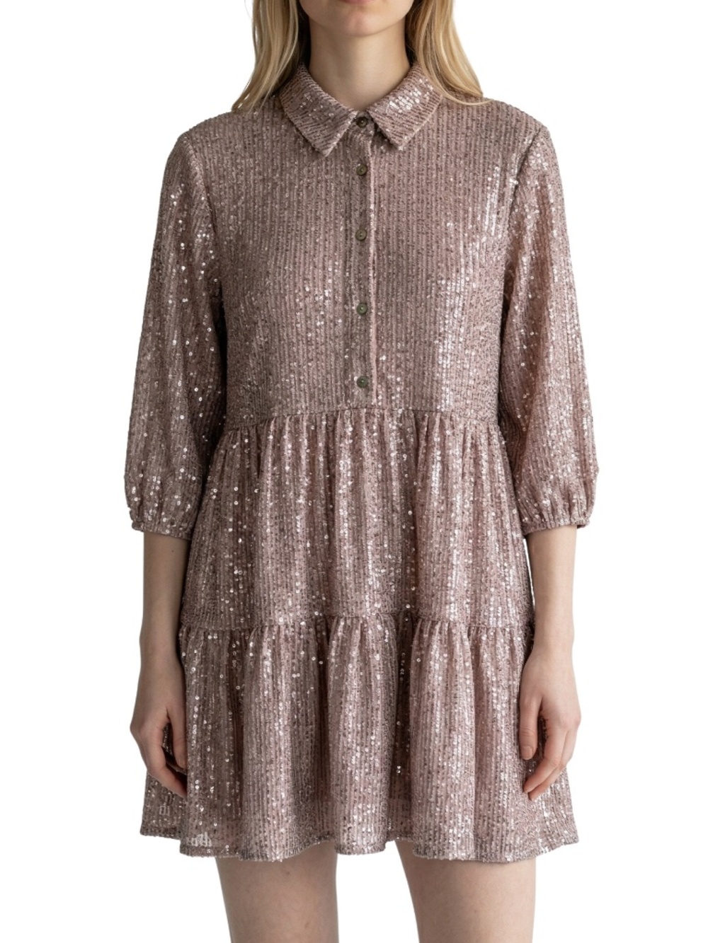 Maeve Anthropologie Sequin Dress Silver Gray Babydoll Tiered Mini Party Size M